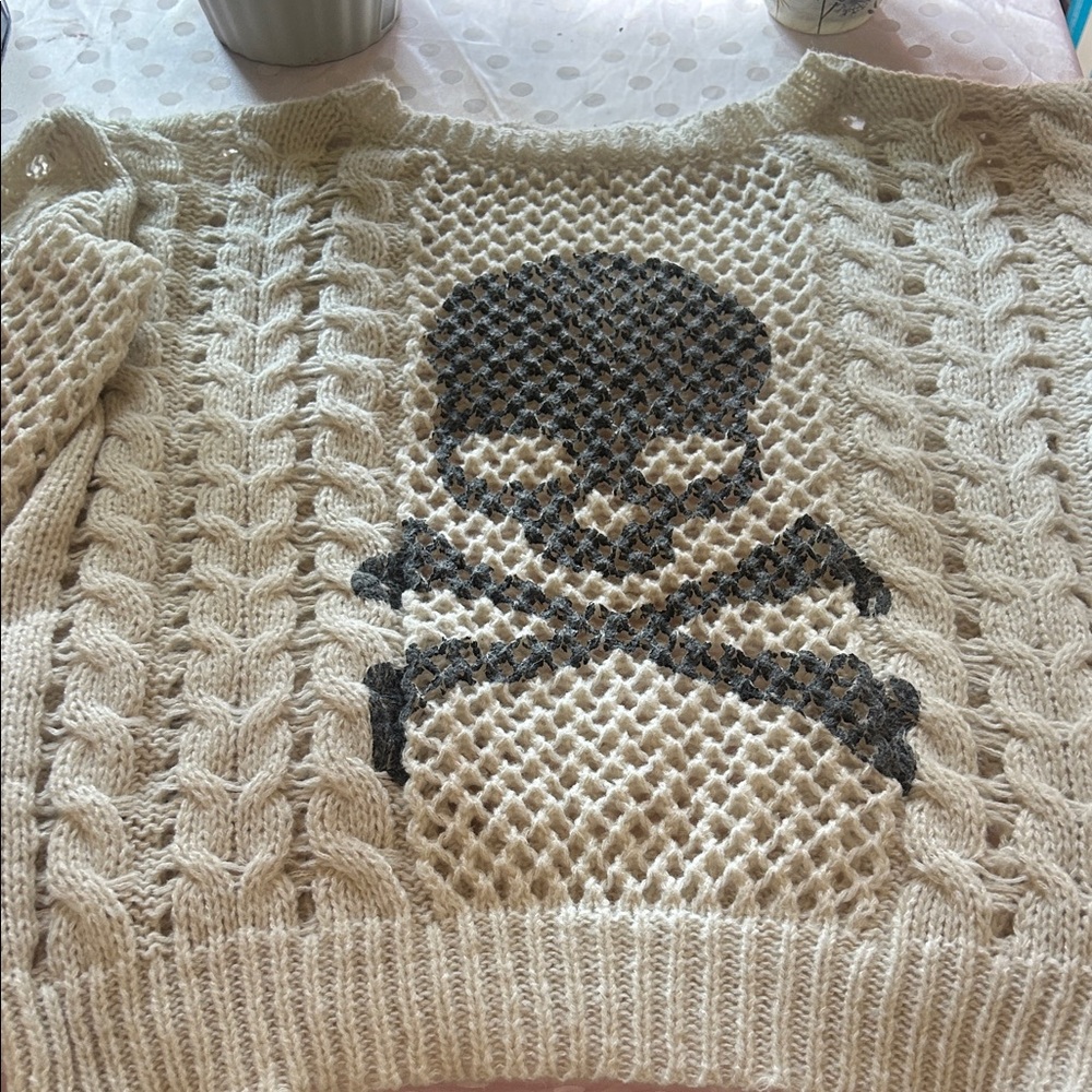 Cream Cable Knit Sweater with Black Skull Motif